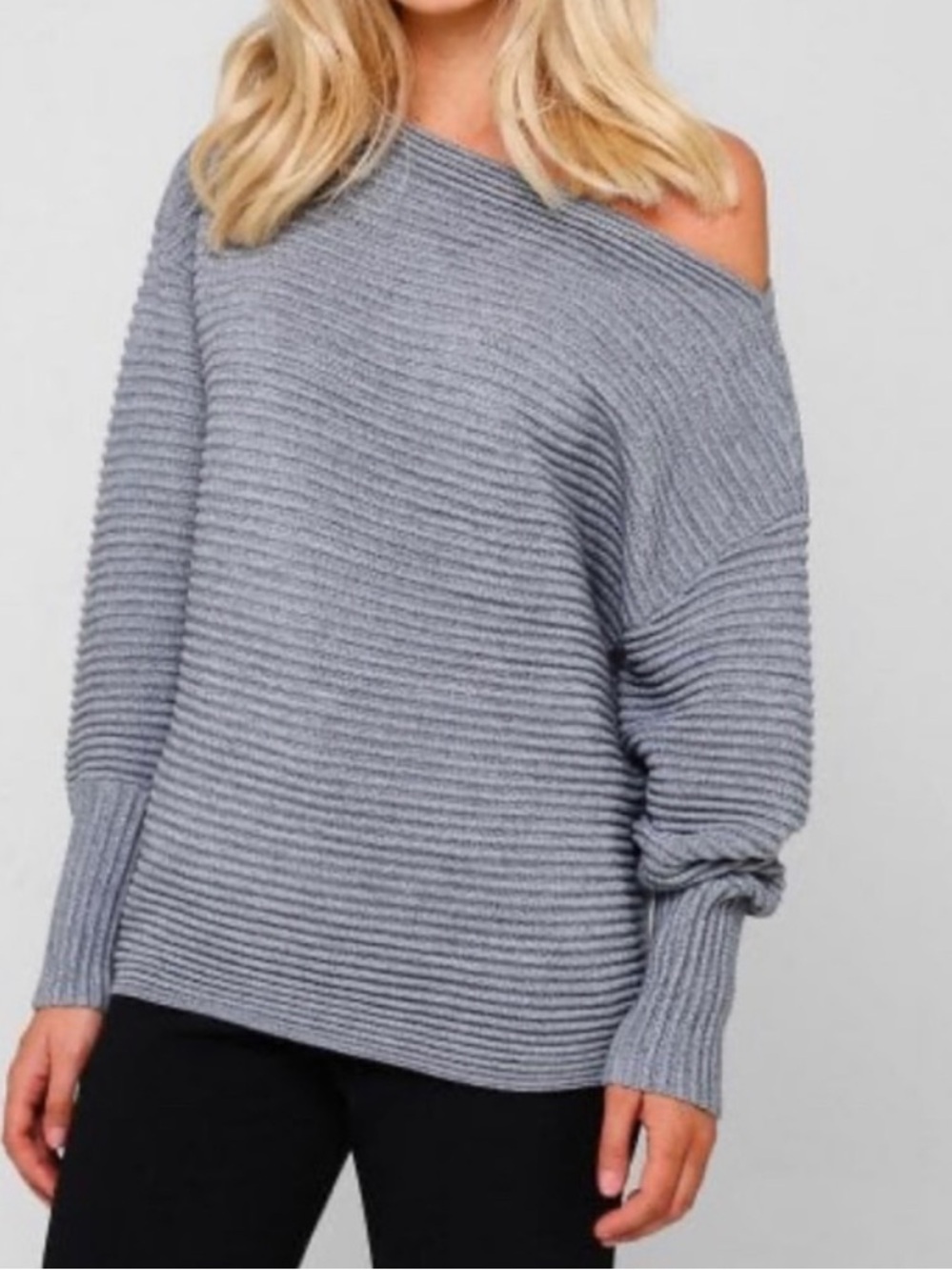 Victoria Victoria Beckham Ribbed Wool Sweater Size 2 Gray Knit Wide Neckline